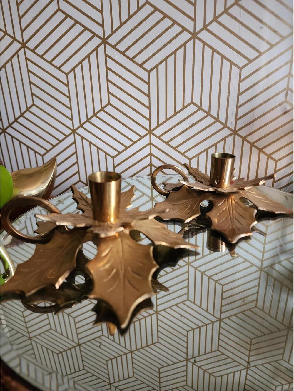 Vintage Solid Brass Holly Leaves Chamber Candlestick Holder Pair